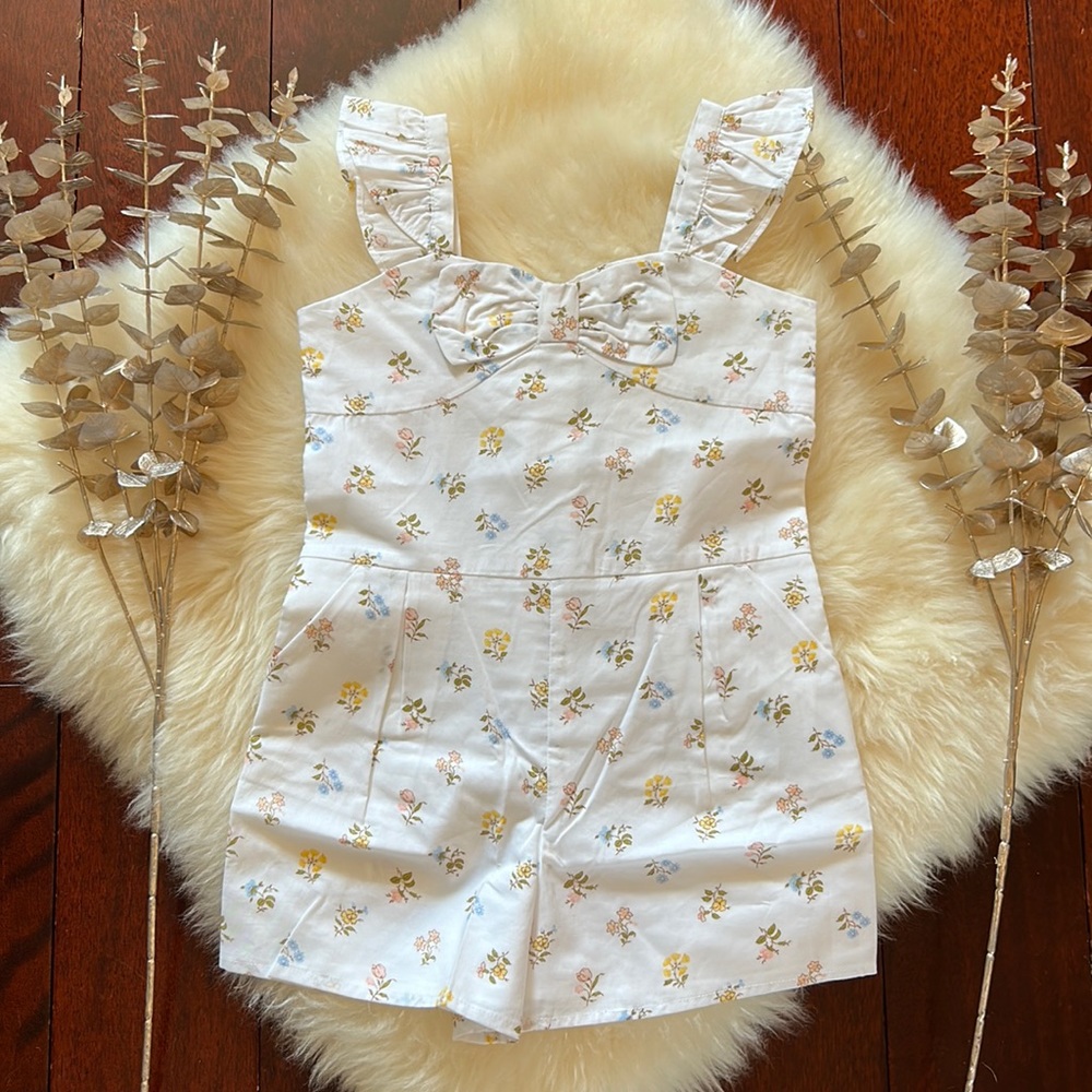 NWT Janie and Jack white yellow retro floral shorts romper girls with pockets!
